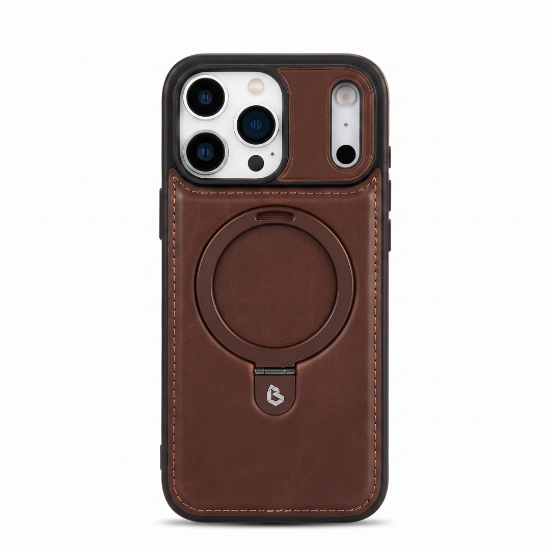 Dark brown iPhone Leather Case with MagSafe ring and retractable stand