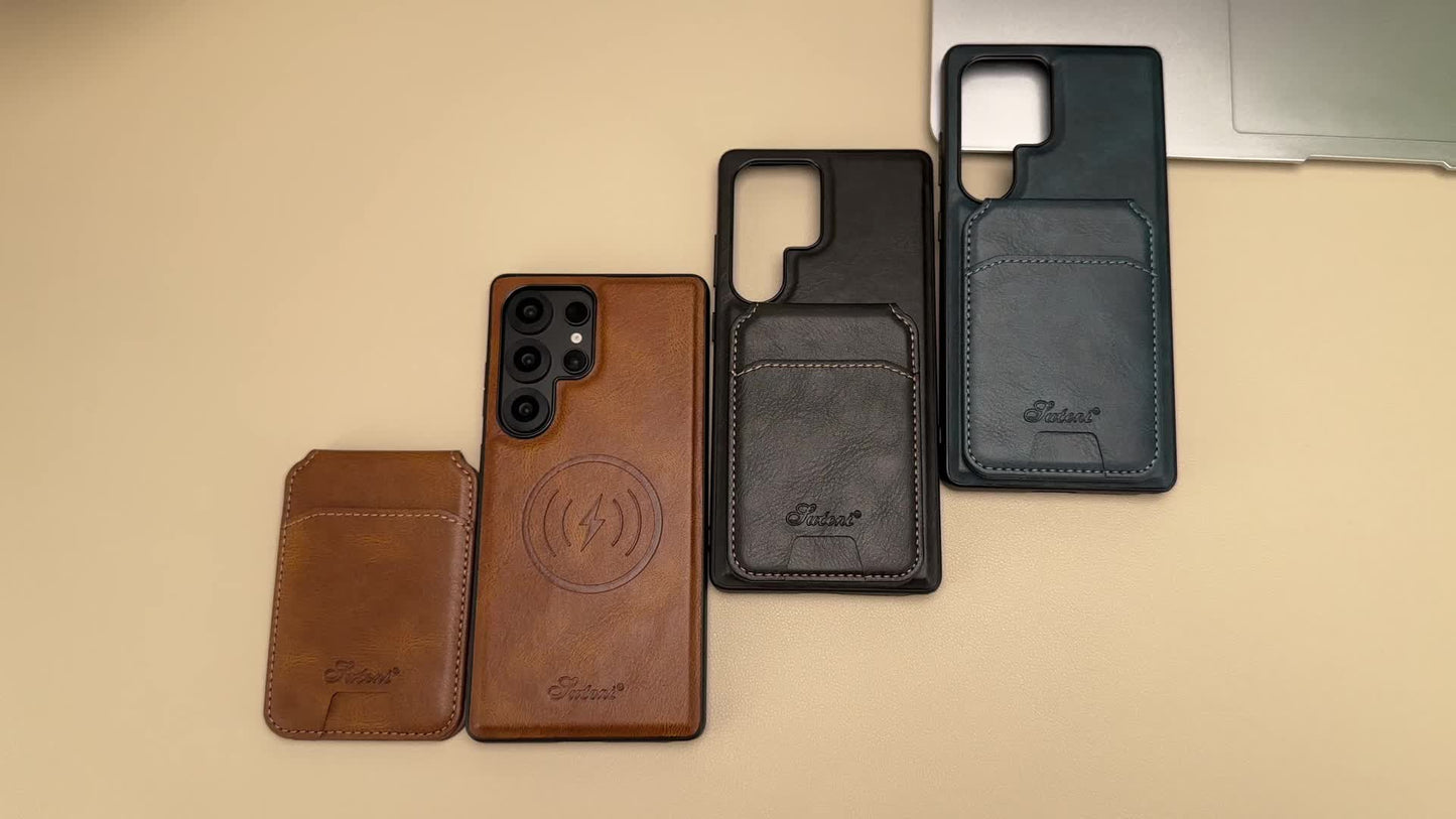 Premium Magnetic Leather Case with Wireless Charging, Stand and Card Holder for Samsung