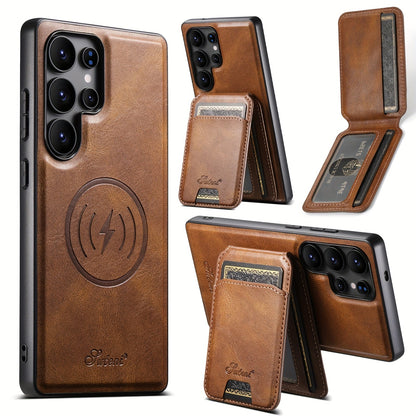 Premium Magnetic Leather Case with Wireless Charging, Stand and Card Holder for Samsung