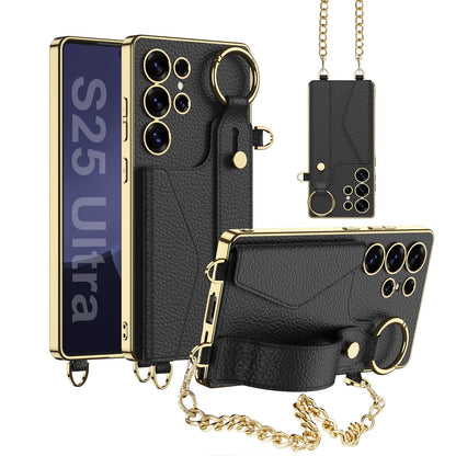 Galaxy Ultra Wallet Case: Electroplated Leather, Card Holder, Stylish Wrist Strap, Full Protection