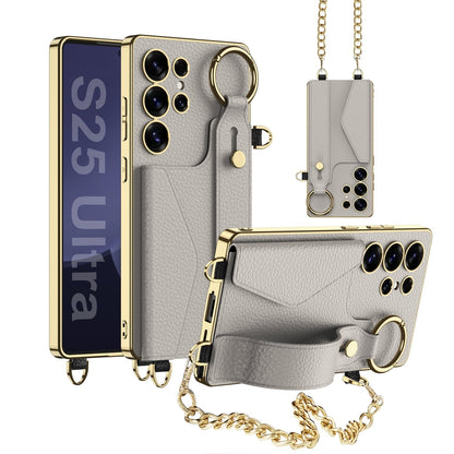 Galaxy Ultra Wallet Case: Electroplated Leather, Card Holder, Stylish Wrist Strap, Full Protection