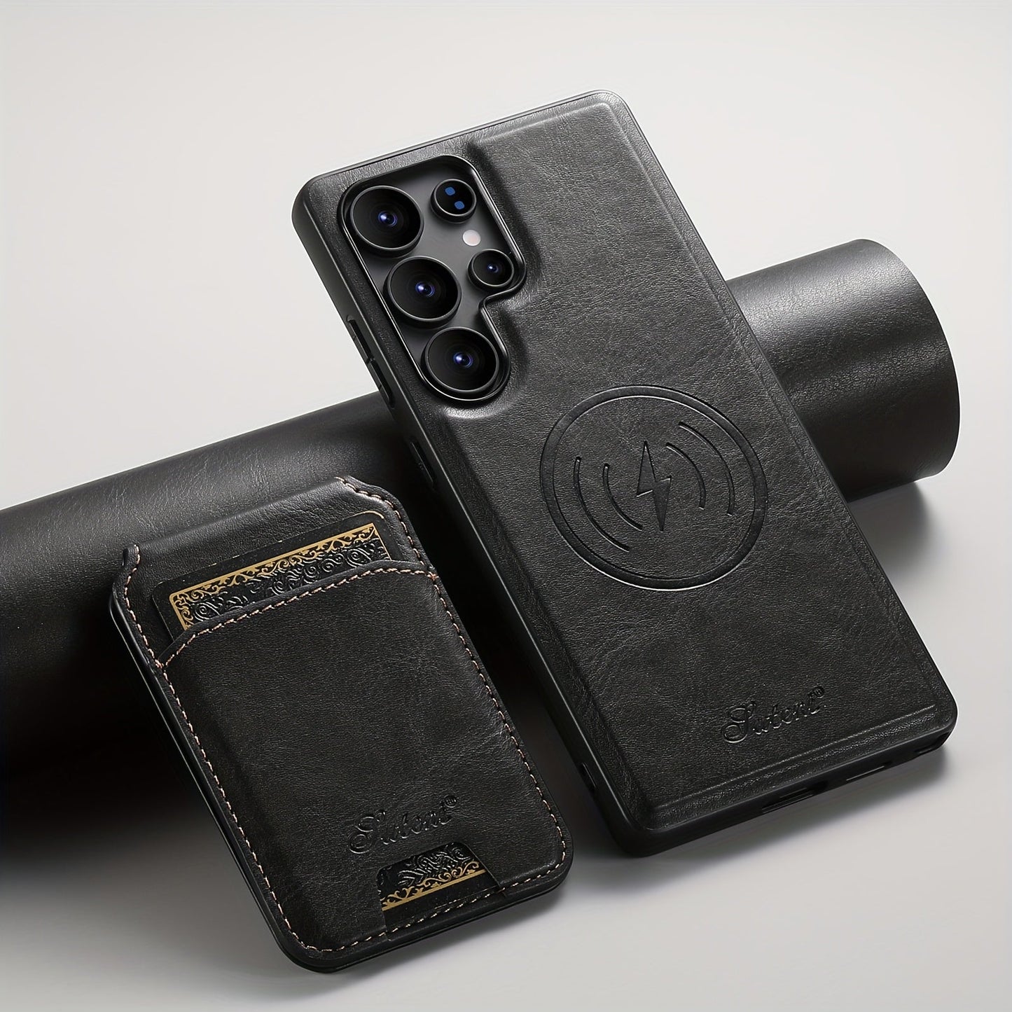 Premium Magnetic Leather Case with Wireless Charging, Stand and Card Holder for Samsung