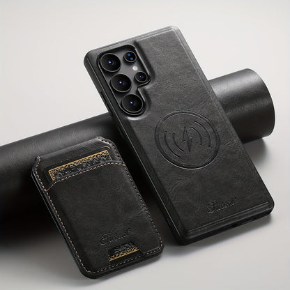 Premium Magnetic Leather Case with Wireless Charging, Stand and Card Holder for Samsung