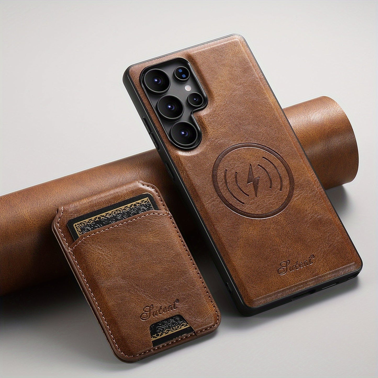 Premium Magnetic Leather Case with Wireless Charging, Stand and Card Holder for Samsung