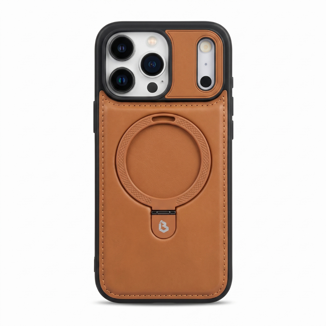 Brown iPhone Leather Case with MagSafe ring and retractable stand