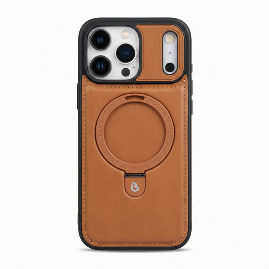 Brown iPhone Leather Case with MagSafe ring and retractable stand