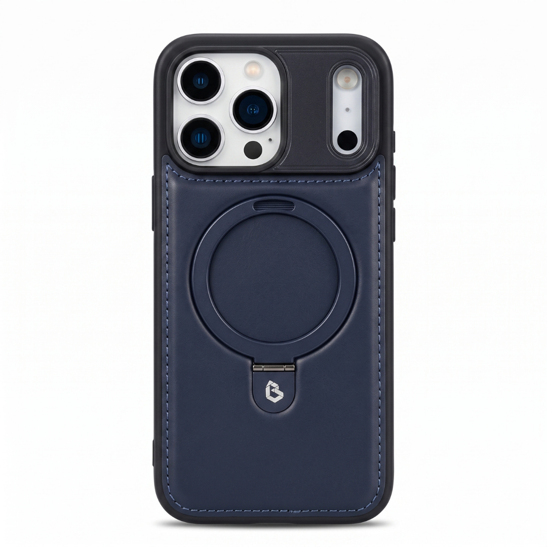 Navy blue iPhone Leather Case with MagSafe ring and retractable stand