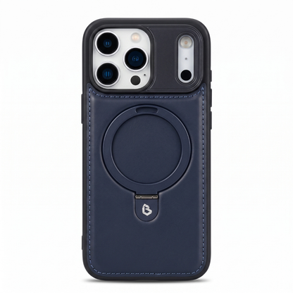 Navy blue iPhone Leather Case with MagSafe ring and retractable stand