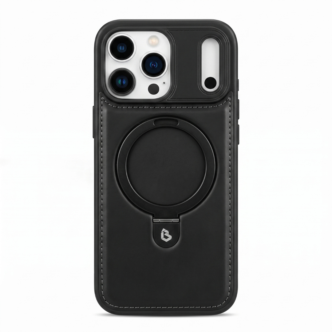 Black iPhone Leather Case with MagSafe ring and retractable stand
