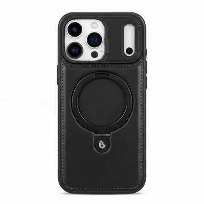 Black iPhone Leather Case with MagSafe ring and retractable stand