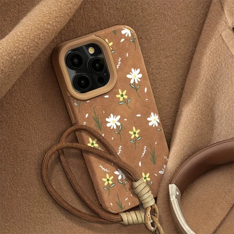 iPhone Case with Lanyard, Floral Print in Faux Leather