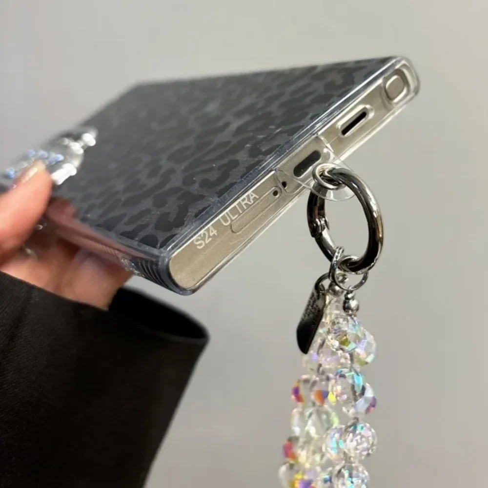 Galaxy S24 S23 S22 Ultra Black Leopard Case with Elegant Crystal Chain