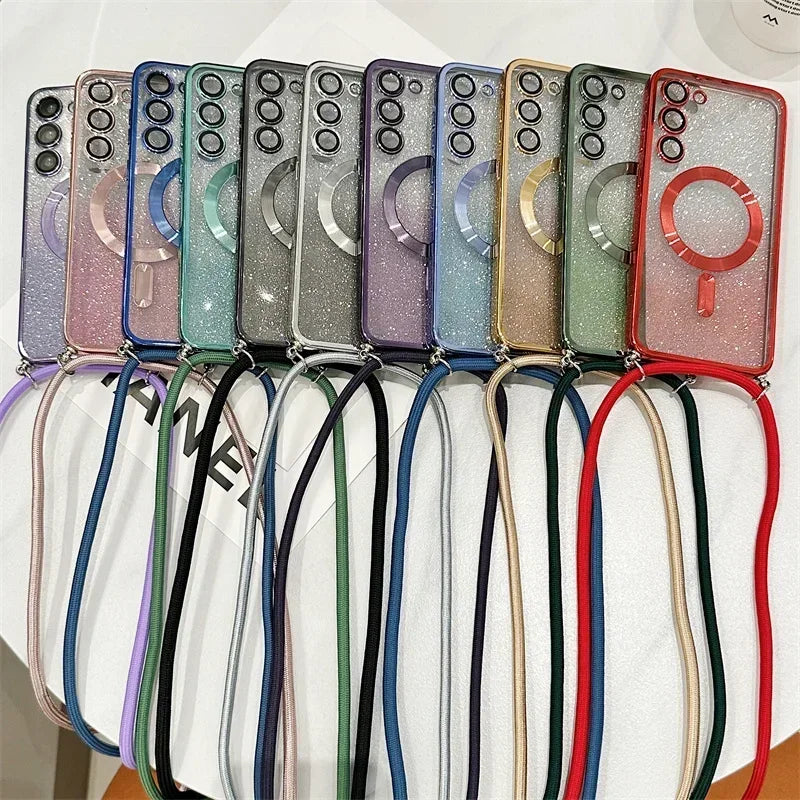 Magnetic Glitter TPU Case with Crossbody Strap for Samsung Galaxy S24-S21 Series