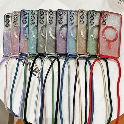 Magnetic Glitter TPU Case with Crossbody Strap for Samsung Galaxy S24-S21 Series