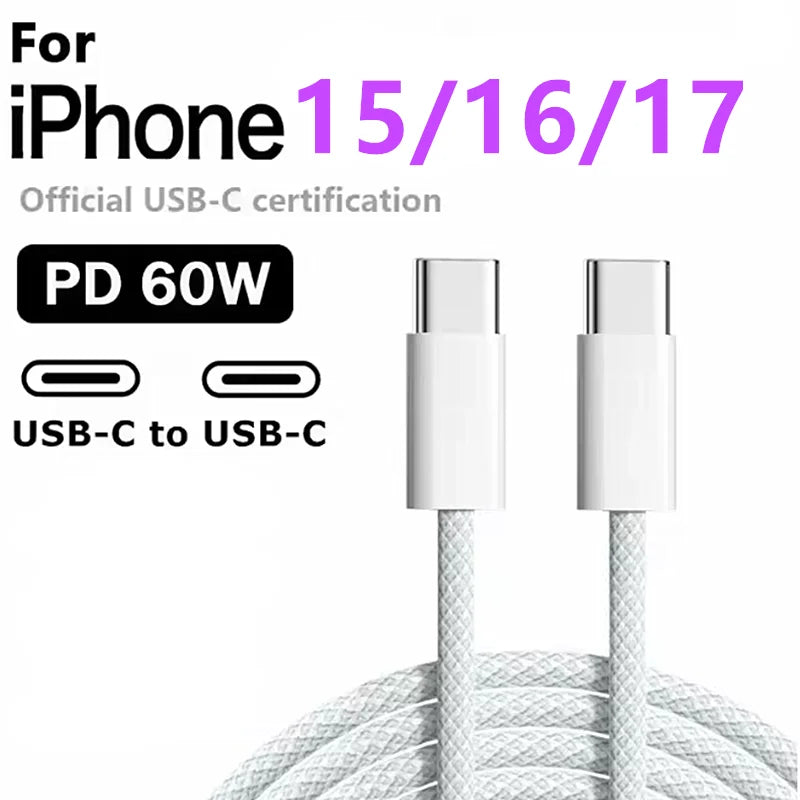 USB-C to USB-C 60W Braided Fast Charging Data Sync Cable for iPhone Samsung Xiaomi