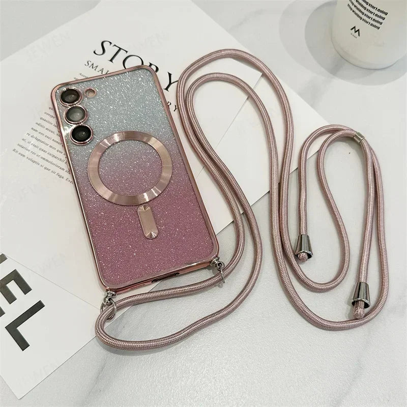 Magnetic Glitter TPU Case with Crossbody Strap for Samsung Galaxy S24-S21 Series