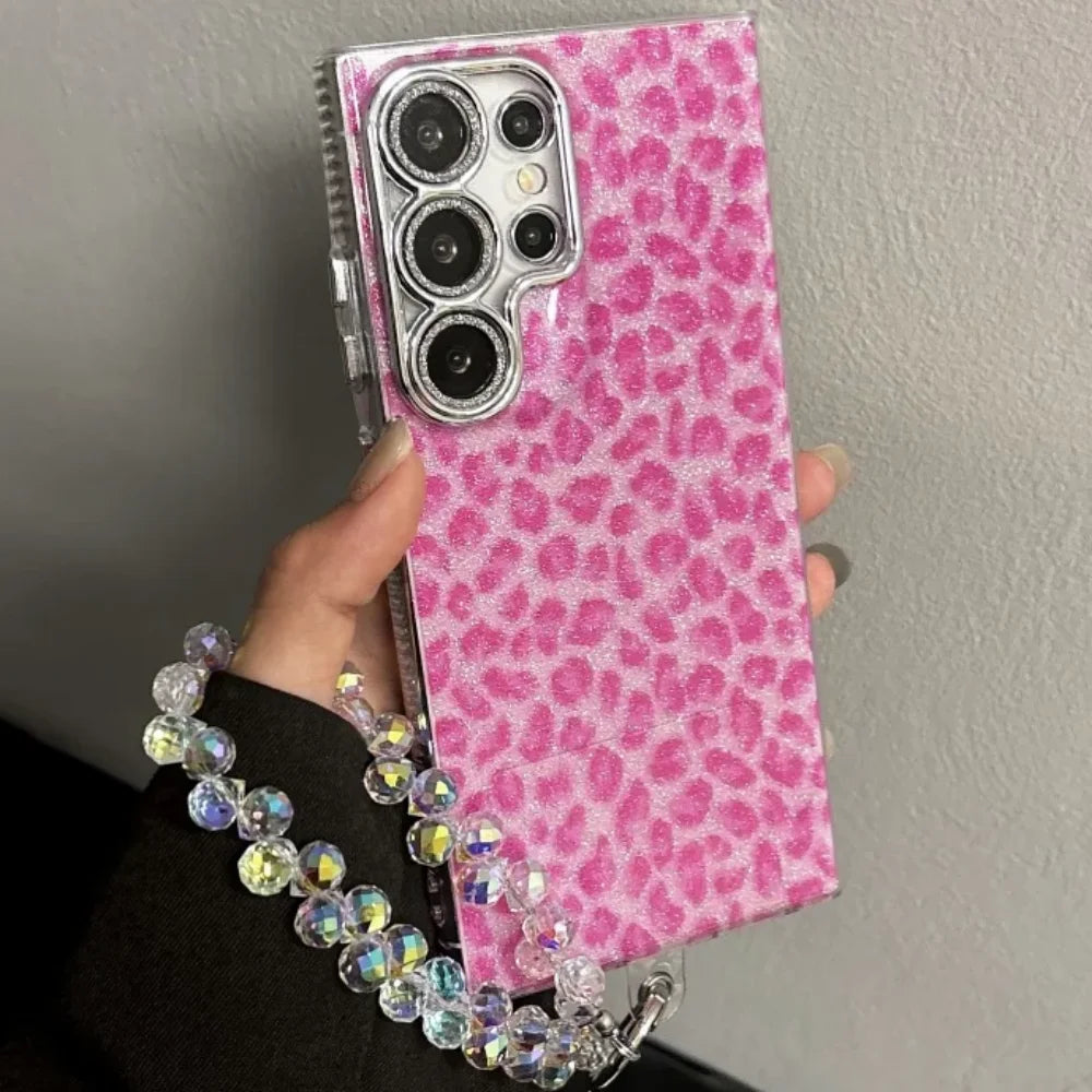Galaxy S24 S23 S22 Ultra Black Leopard Case with Elegant Crystal Chain
