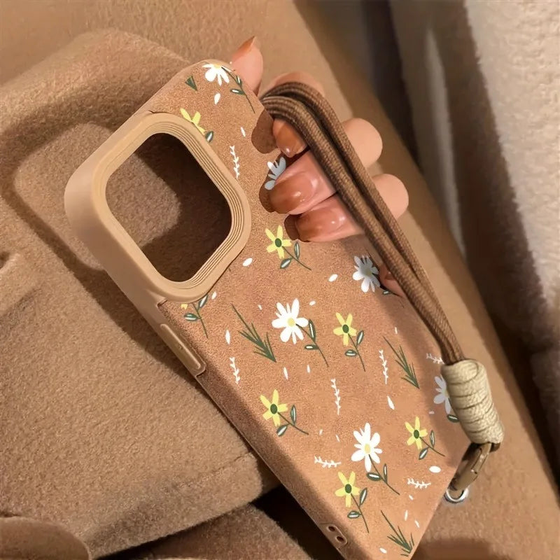 iPhone Case with Lanyard, Floral Print in Faux Leather