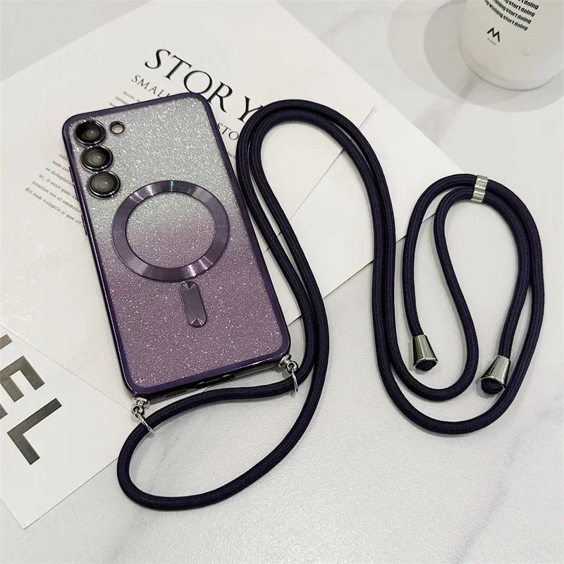 Magnetic Glitter TPU Case with Crossbody Strap for Samsung Galaxy S24-S21 Series