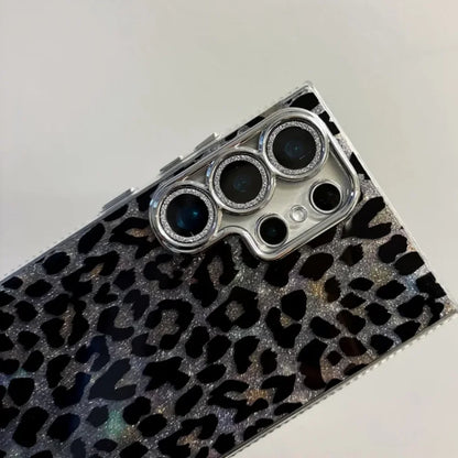 Galaxy S24 S23 S22 Ultra Black Leopard Case with Elegant Crystal Chain