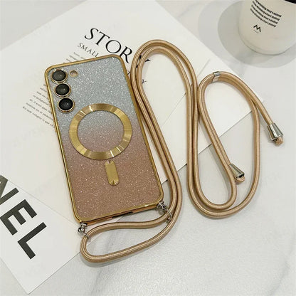Magnetic Glitter TPU Case with Crossbody Strap for Samsung Galaxy S24-S21 Series