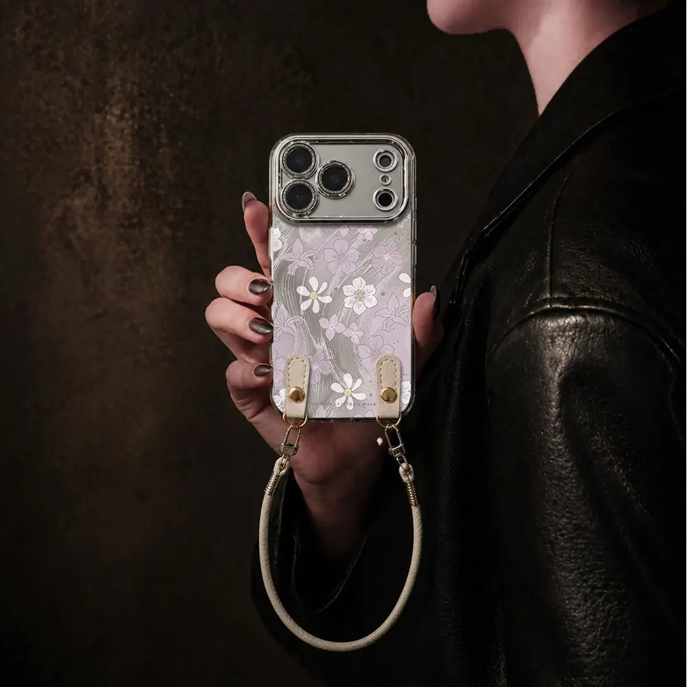 Lilac Floral Phone Case with Wrist Lanyard for iPhone