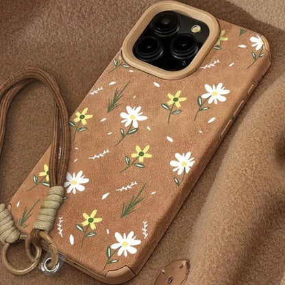 iPhone Case with Lanyard, Floral Print in Faux Leather