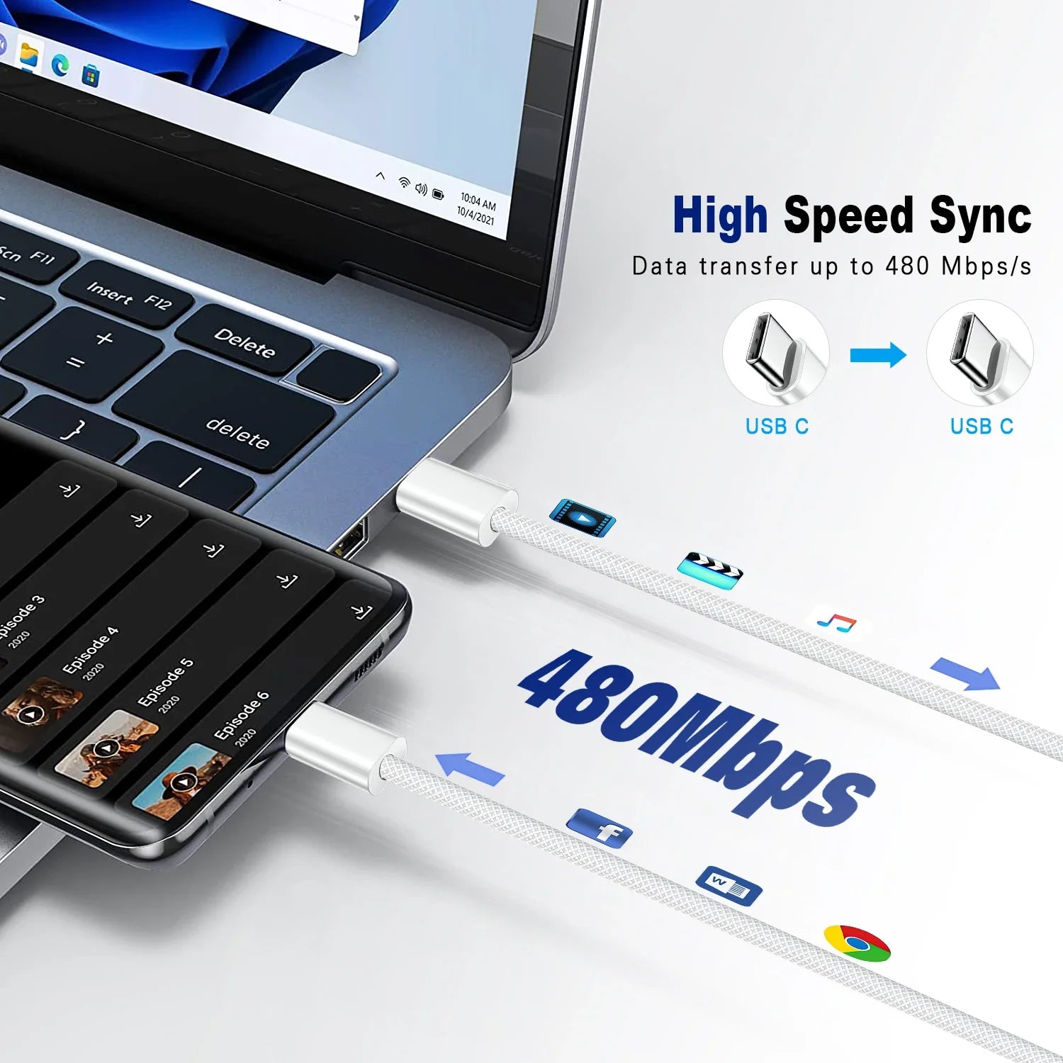 USB-C to USB-C 60W Braided Fast Charging Data Sync Cable for iPhone Samsung Xiaomi