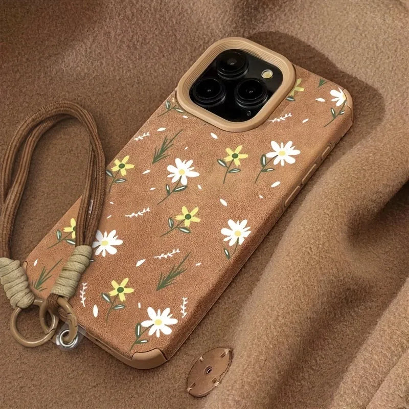 iPhone Case with Lanyard, Floral Print in Faux Leather