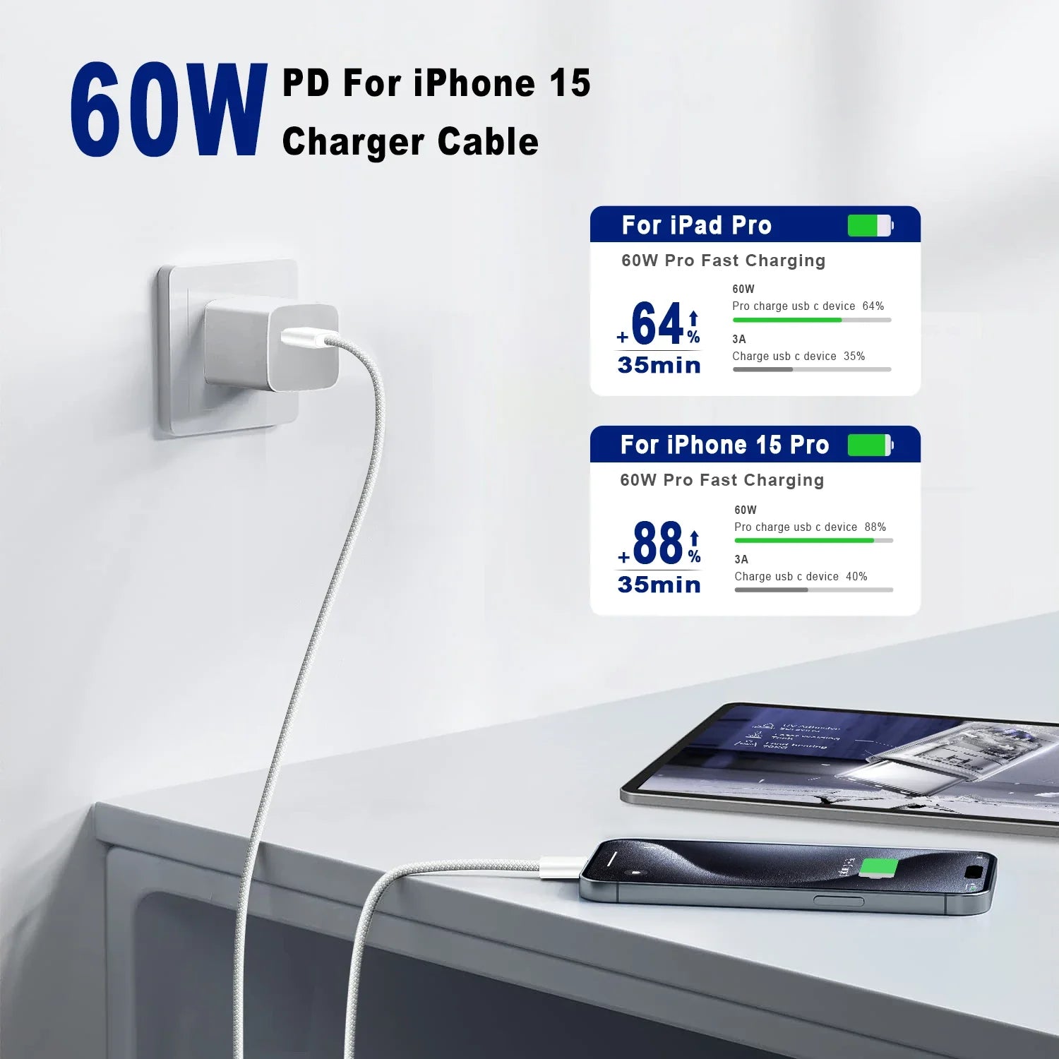 USB-C to USB-C 60W Braided Fast Charging Data Sync Cable for iPhone Samsung Xiaomi