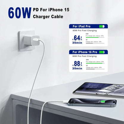 USB-C to USB-C 60W Braided Fast Charging Data Sync Cable for iPhone Samsung Xiaomi