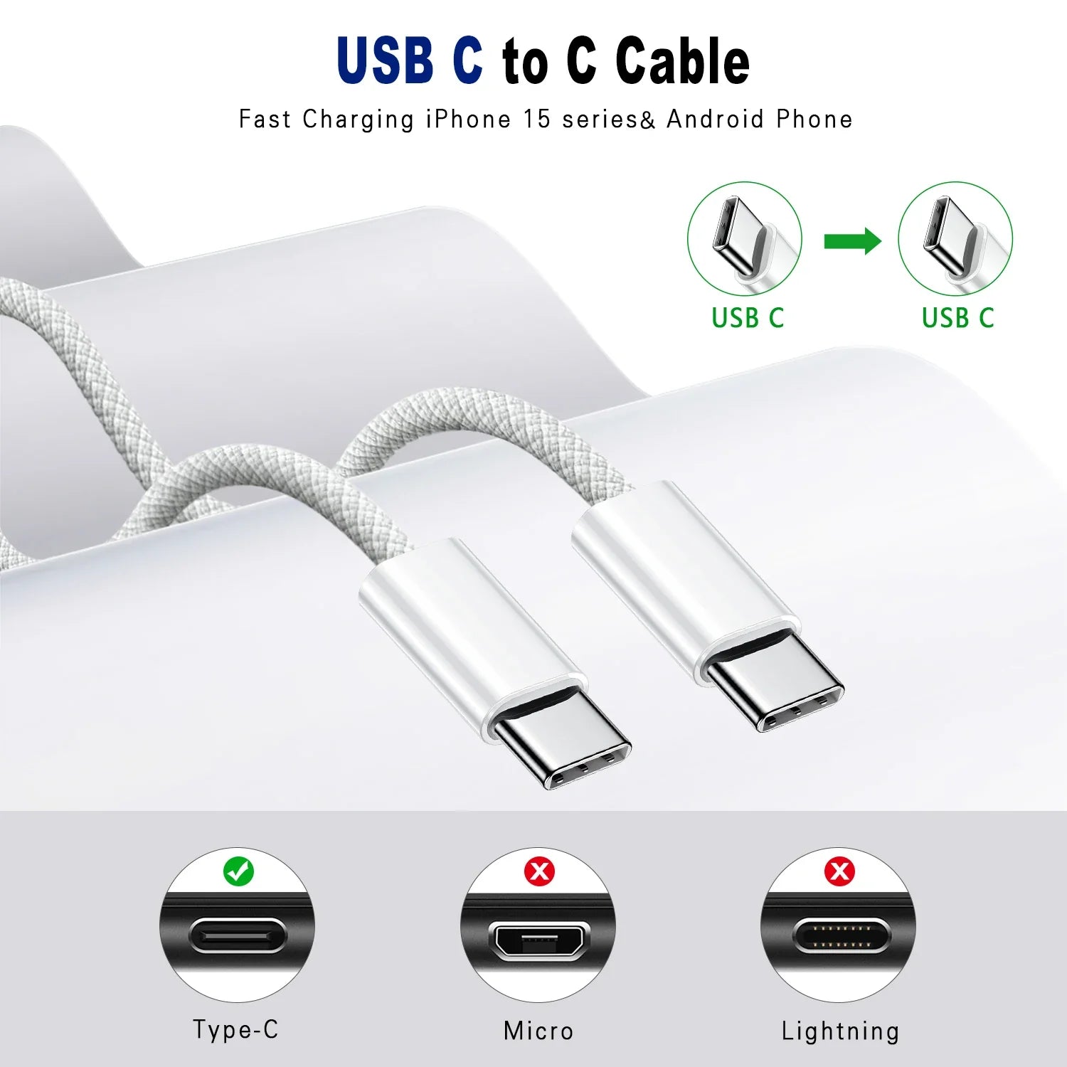 USB-C to USB-C 60W Braided Fast Charging Data Sync Cable for iPhone Samsung Xiaomi