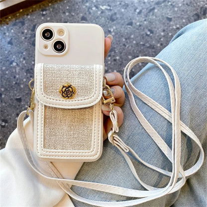 White iPhone Jardim Camélia Case with linen pouch and lanyard