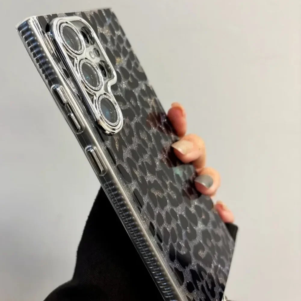 Galaxy S24 S23 S22 Ultra Black Leopard Case with Elegant Crystal Chain
