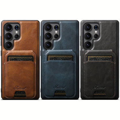 Premium Magnetic Leather Case with Wireless Charging, Stand and Card Holder for Samsung