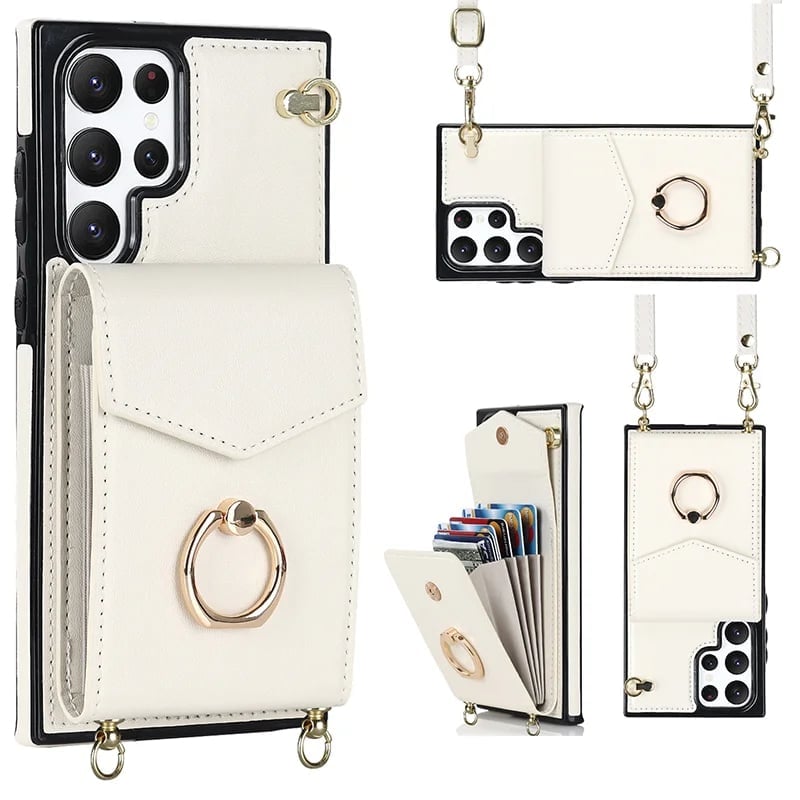 Samsung Wallet Case with Crossbody Strap and Card Holder, Adjustable Ring Stand