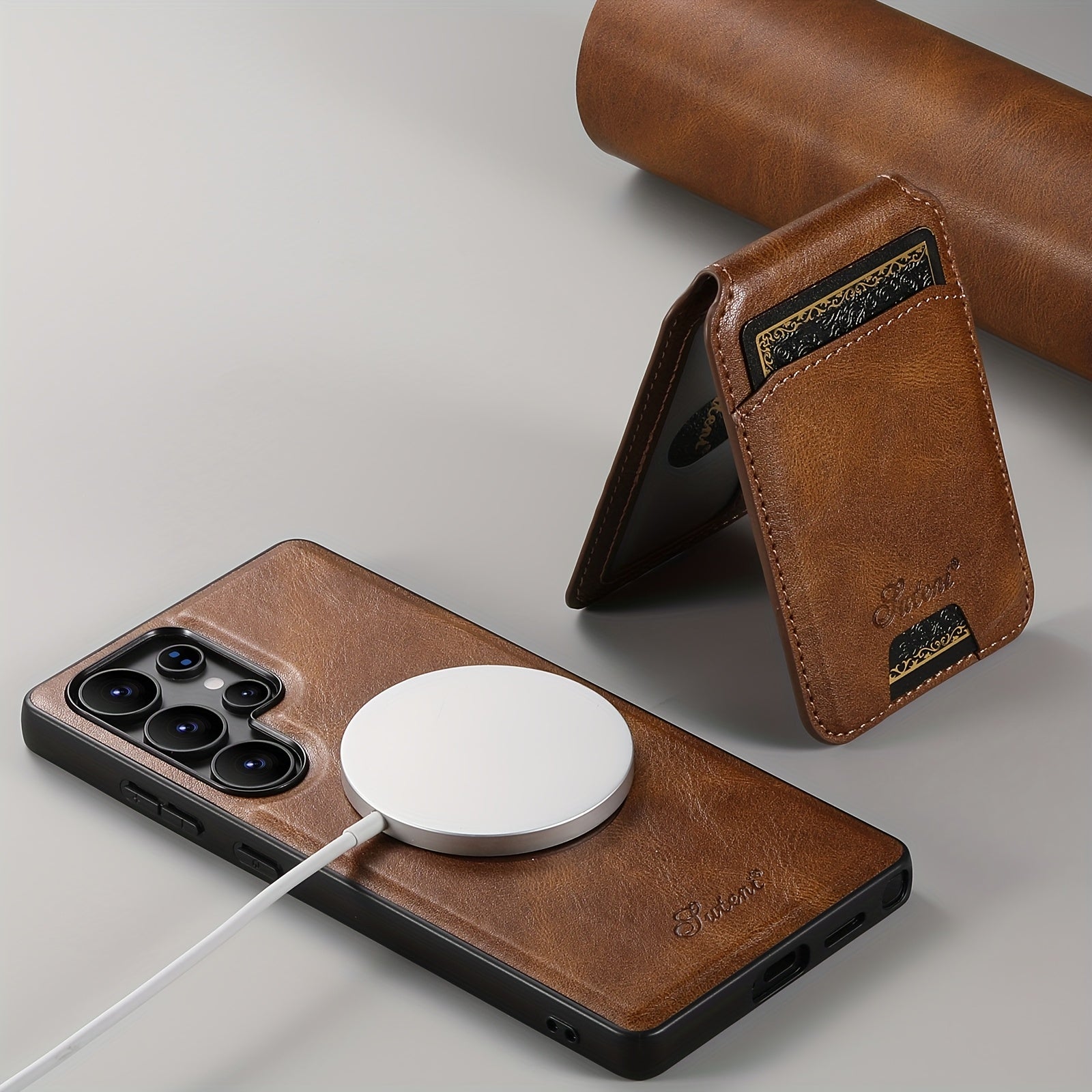 Premium Magnetic Leather Case with Wireless Charging, Stand and Card Holder for Samsung