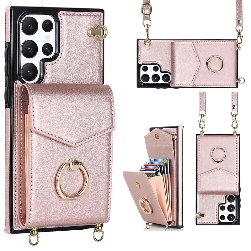 Samsung Wallet Case with Crossbody Strap and Card Holder, Adjustable Ring Stand