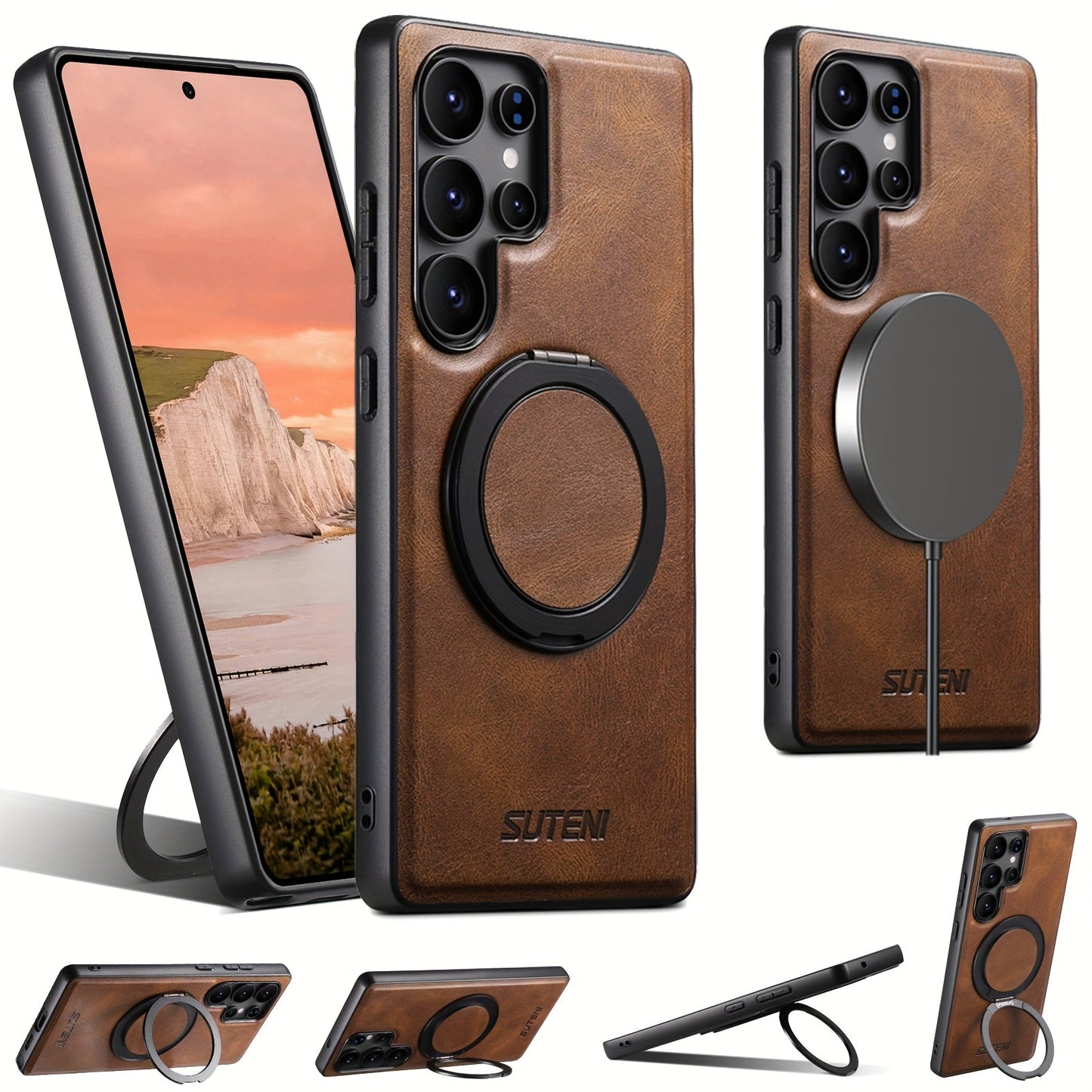 Premium Galaxy Case: 360° Rotating Ring, Magnetic, Synthetic Leather