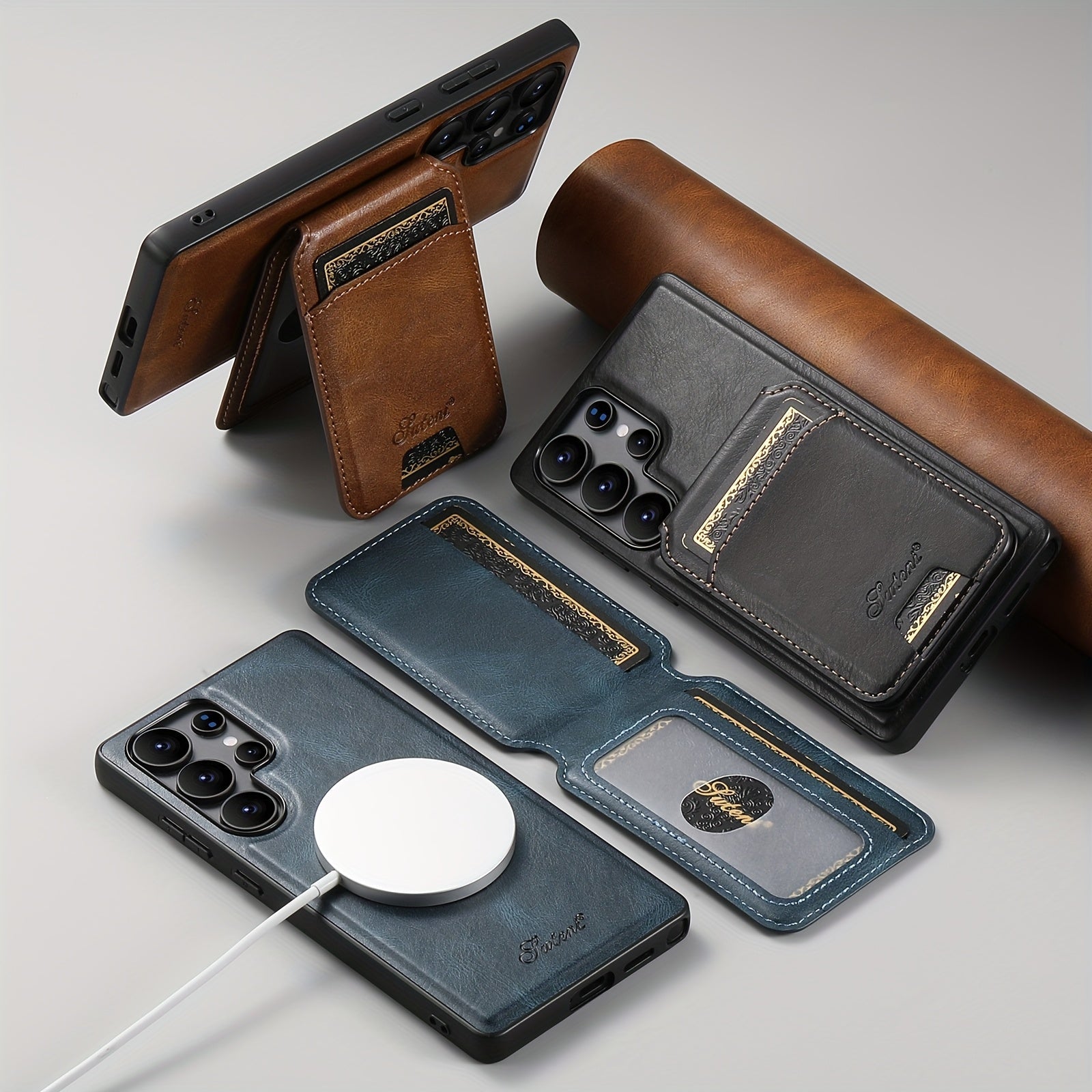 Premium Magnetic Leather Case with Wireless Charging, Stand and Card Holder for Samsung