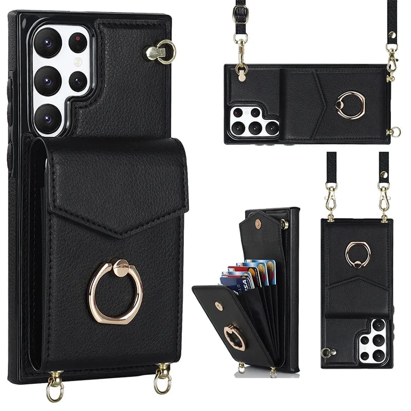 Samsung Wallet Case with Crossbody Strap and Card Holder, Adjustable Ring Stand